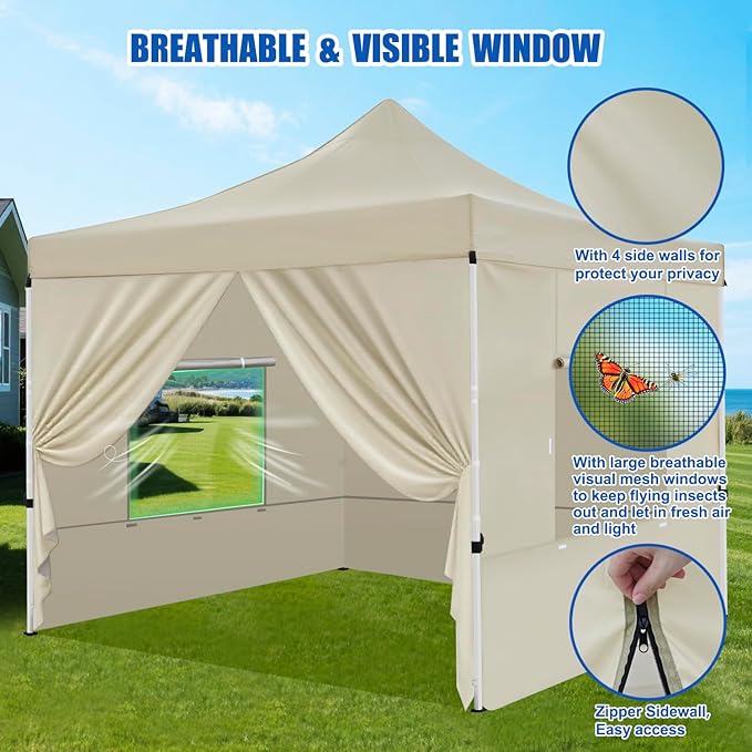 Yesker 10x10 Pop Up Canopy Tent with 4 Sidewalls Portable Folding Outdoor Canopy Easy Setup Gazebo Waterproof Instant Shelter Tent w Wheel Carry Bag sandbag for Events Parties Camping, Khaki Brown
