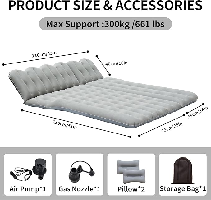 Car Air Mattress, Inflatable SUV Truck Camping Mattress for Back Seat, Thickened Travel Car Bed Sleeping Pad with Air Pump 2 Pillows (SUV-Grey, SUV Air Mattress)