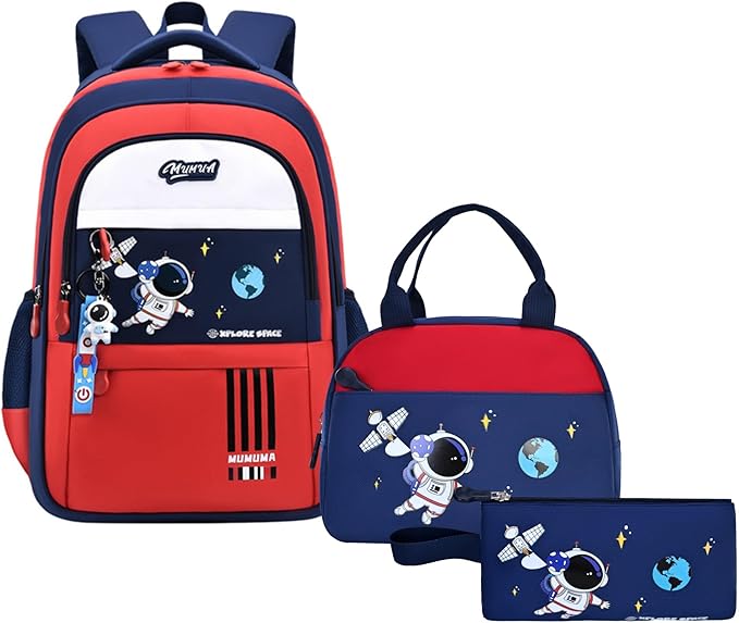 Backpack Set for Boys Astronaut Schoolbag with Lunch Box Pencil Case Set Bookbags for Kids Children Waterproof Lightweight Backpacks