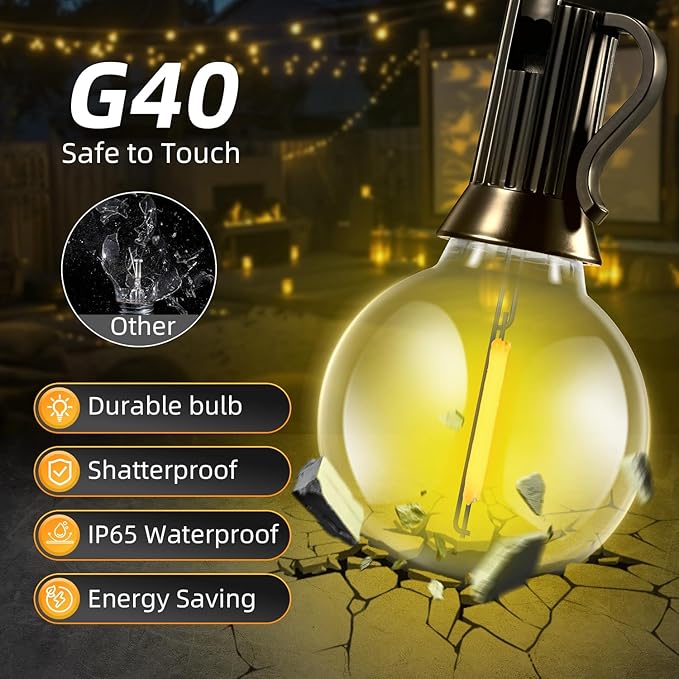 Solar Lights Outdoor Waterproof: G40 45M 150FT Shatterproof Bulbs Patio Lights - Solar Powered 3 Light Modes Solar Light - Camping Backyard Garden Deck Outside Yard