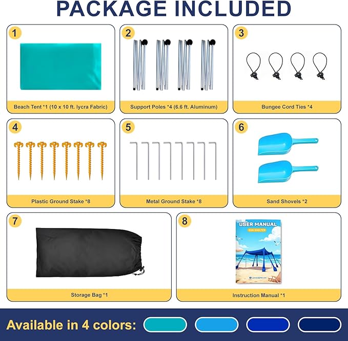 Beach Tent Sun Shelter UPF 50+,10x10 FT Beach Canopy Tent Sun Shade,Pop Up Beach Canopy with 8 Sandbags,Outdoor Beach Shade for Camping Trips, Fishing, Backyard Fun Picnics (Turquoise)