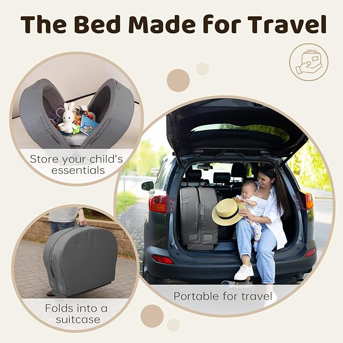 ENITYA Portable Toddler Bed for Travel, Foldable Floor Cot for Sleeping with Washable Cover, Kids Travel Bed for Camping & Home, Easy to Use, for Toddlers 18M–4Y, Dark Grey