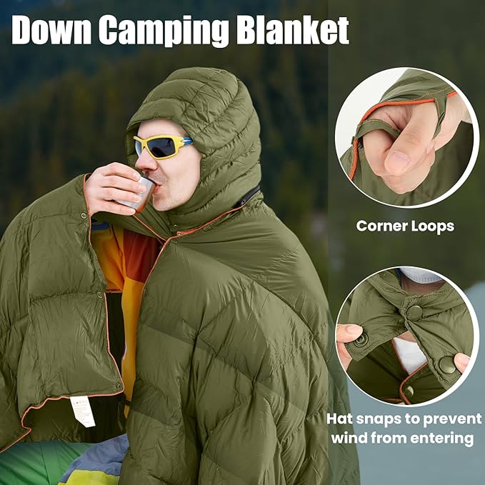 Upgraded Hooded Down Camping Blanket Waterproof 650 Fill Puffy Poncho Blanket 77" x 50" Packable Wearable Sleeping Bag with Detachable Hat Outdoor Stadium Camping, 1.36 lb(Olive Green)