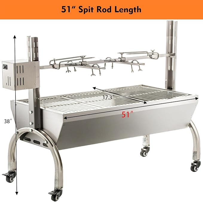 50W Rotisserie Grill Roaster 51 Inch BBQ Outdoor Small Pig Lamb Rotisserie Roaster 132LBS/60KG Stainless Steel Charcoal Spit Rotisserie Roaster Grill Great for Camping Outdoor Barbecue