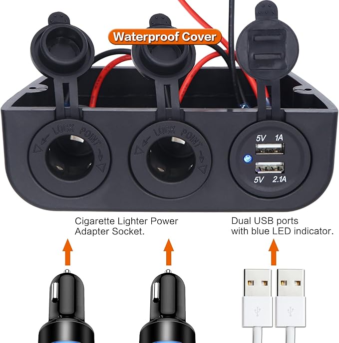 12-24 V Multifunctional 3 Hole Tent Type Car Modification Socket Dual Female Power Outlet Adapter Dual USB Charger Ports Combination Outlet Suitable for Portable Auto Electronic Devices ﻿