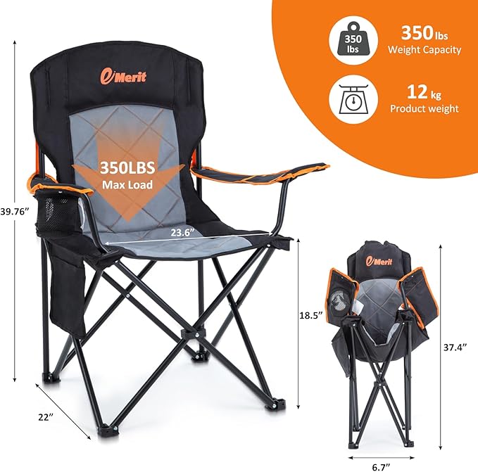 EMERIT Oversized Padded Camping Chair, 350LB Heavy Duty Quad Fold Chair with Arms, Collapsible Outdoor Chairs with Lumbar Back & Cup Holder