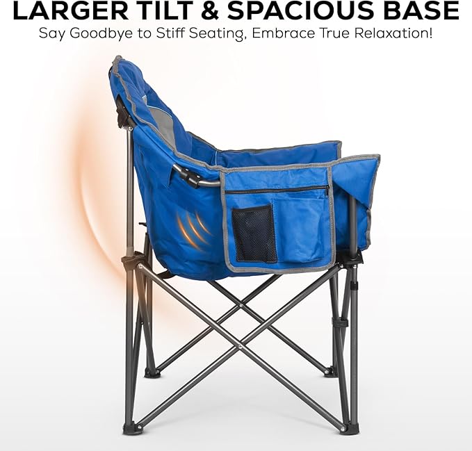 Romswi 2PK Oversized XL Padded Camping Chair for Adults, 500lbs Support Heavy-Duty Padded Folding Chair with Side Pocket Cup Holder, Wide&Thick, for Outdoor,Blue and Gray