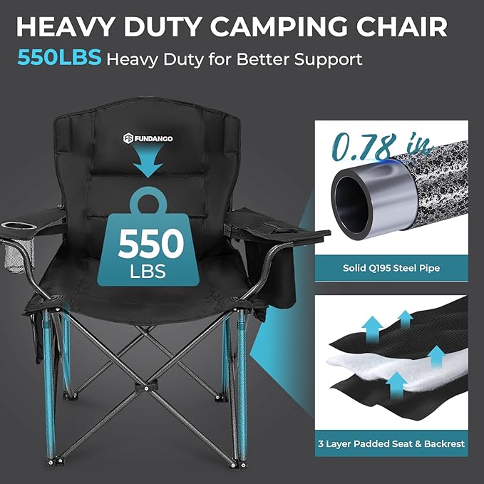 FUNDANGO Oversized Camping Chair for Adults, Heavy Duty Portable Foldable Lawn Chair with Padded Seat & Back, Lumbar Support, 4-can Cooler & Cup Holder, Carry Bag Included for Outdoor