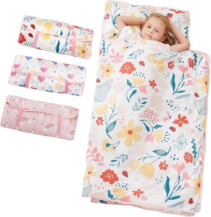 Toddler Nap Mat, Kids Sleeping Bag with Pillow & Minky Blanket, Girls Extra Large Rolled Nap Mats for Preschool Daycare Camping Kindergarten