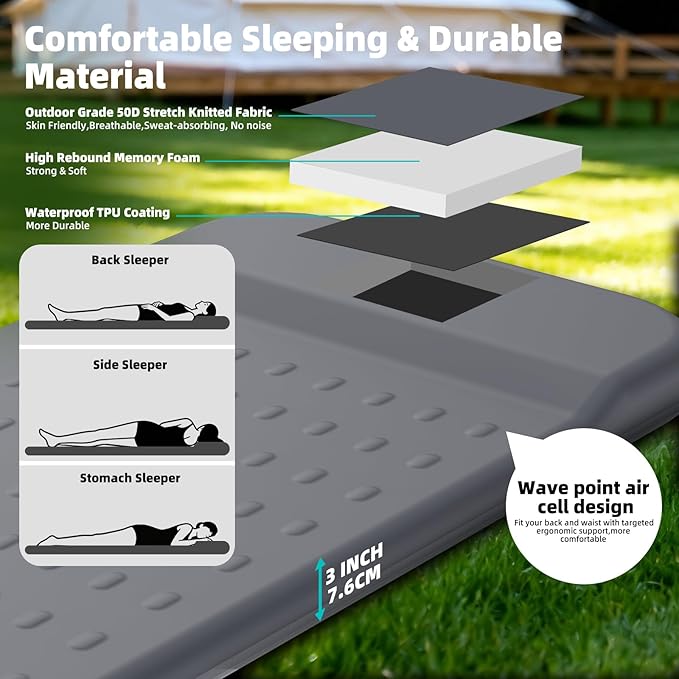 KASIMO Memory Sleeping Pad for Camping, 3" Compact Ultra-Thick Foam Sleeping Mats with Pillow, 9.5 R-Value Insulated Camping Mattress Pad or Car Travel Backpacking Tent,Home