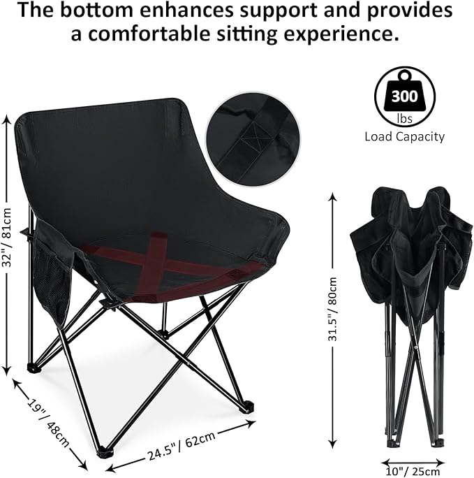 Leonyo 2 Pcs Portable Camping Chairs for Adults, Oversized Lawn Chair with Folding Camping Table for Outdoor Sports, Fishing, Rv Travel, Beach, Picnic – Black