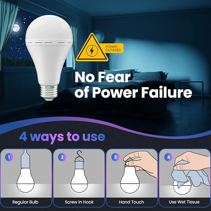Emergency Rechargeable Led Light Bulb with Hook,Stay Lights Up When Power Failure, 1500mAh 12W 60W Equivalent LED Light Bulbs for Home, Camping, Hiking, 6 Pack