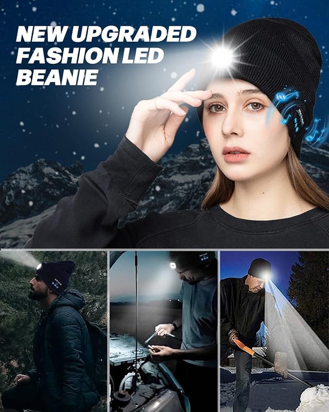 Bluetooth Beanie with Light, USB Rechargeable LED Headlamp Winter Hat, Men Women Valentine's Day Gifts