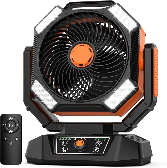 40000mAh Camping Fan, 8 Speed Powerful Battery Powered with 120H Max Cooling, Auto Oscillating with LED Lantern, Portable Rechargeable Fan with Charger, Remote Control for Camping Jobsite Outages