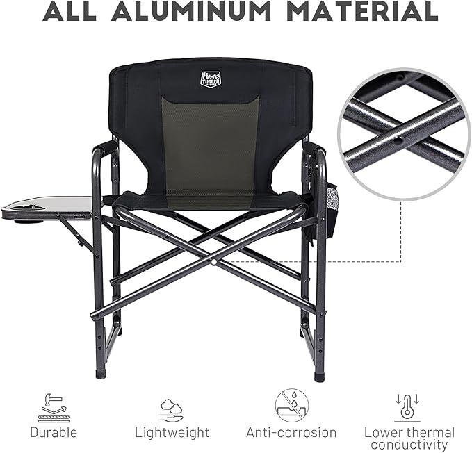 TIMBER RIDGE Lightweight Oversized Camping Chair, Aluminum Directors Chair with Side Table for Outdoor Camping, Lawn, Picnic and Fishing, Supports 400lbs, Black 2PCS