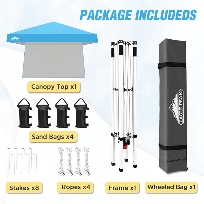EAGLE PEAK 10x10 Pop Up Canopy Tent with Sidewall, Compact, Portable Slant Leg Instant Sun Shelter for Beach, Sports, & Camping, 10x10 Base 8x8 Top, Light Blue