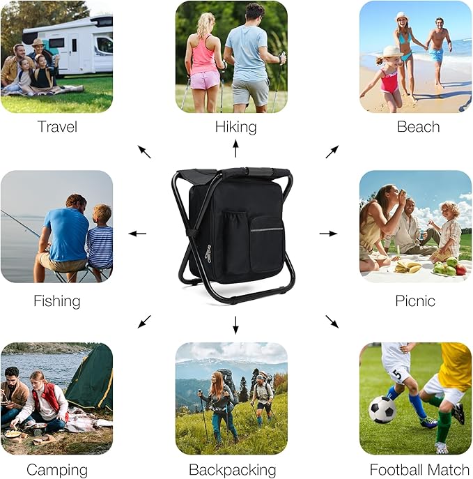 Portable Backpack Stool Cooler Chair for Adults, Folding Large 3 in 1 Multifunction Insulated Camping Seat Backpack Cooler Chair Heavy Duty 350lbs for Fishing Hunting, Black