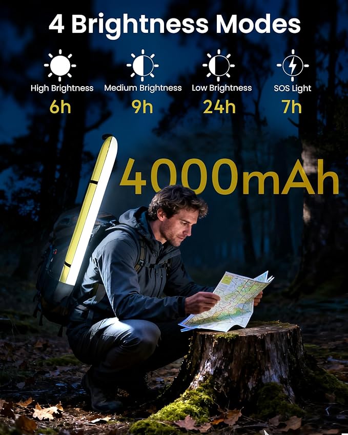 4000mAh Inflatable Solar Camping Lantern - 339 Lumens Ultra Bright 34” LED Light Tube & Power Bank, IP66 Waterproof USB-C Rechargeable Portable Tent Lamp for Hurricane, Power Outage, Survival Kits