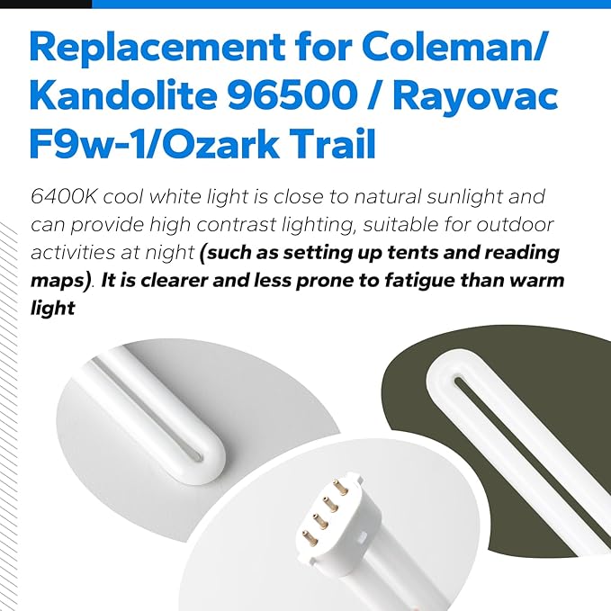 6400K 2G7 Base Camping Lantern Bulb Replacement for Rayovac F9w-1, Kandolite 96500, Coleman, Ozark Trail | 4 Pin, 580 Lumens, 10,000 Hour Lifespan