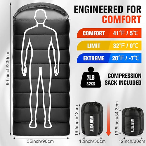 0 Degree Sleeping Bag for Adults, XXL Big and Tall 4 Season Cold Weather Winter Camping with Compression Sack