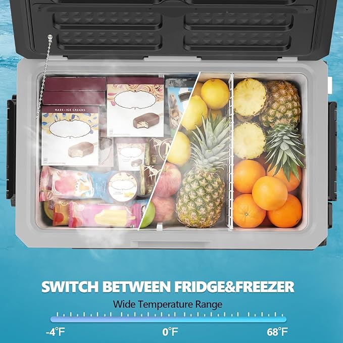 Kndko 12 Volt Car Refrigerator, 68 Quart (64L) Dual Zone Electric Cooler, Fast Cooling Portable Fridge 12V/24V DC 100-240V AC, -4℉~68℉, 12v cooler with Wheels & 2 Baskets for Camping, Road Trip, Truck