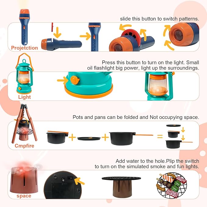 Kids Camping Set 50pcs with Tent & Space Projector Flashlight- Outdoor Campfire Toy Set for Toddlers Kids - Pretend Play Camp Gear Tools for Birthday Christmas