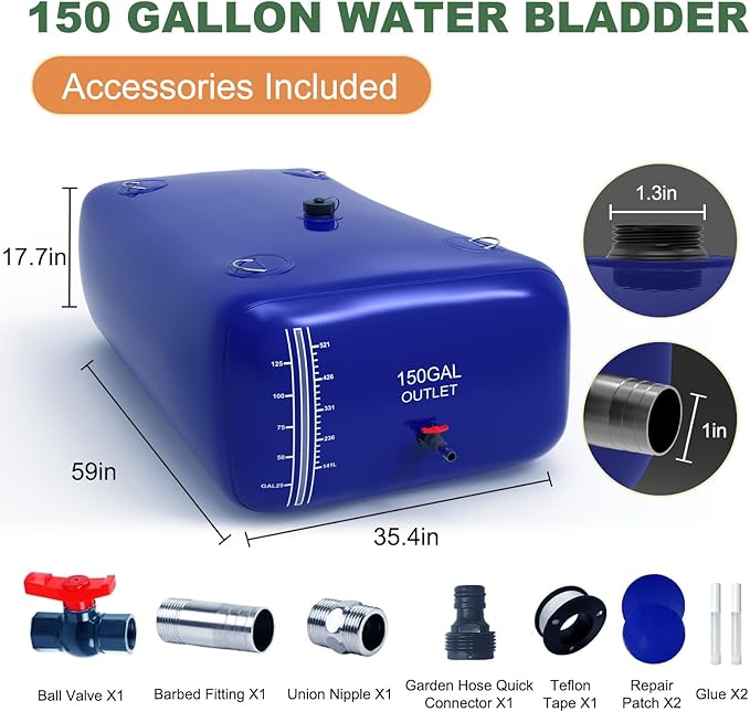 150 Gallon Water Storage Bladder - 1000D PVC RV Water Tank, Portable Collapsible Storage Bladder Containers for Gardens, Camping, Emergency Use, Blue