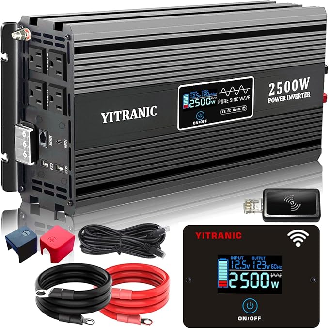 2500W Pure Sine Wave Inverter 12V DC to 120V AC, with164ft Wireless Remote & Dual USB/Type-C Fast Charging for RV, Home Emergency, Off-Grid Solar, Upgraded of 2000 watt Inverter