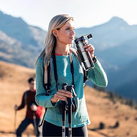 Membrane Solutions C3 Filtered Water Bottle, 36oz BPA-Free Bottle with Replaceable ACF+UF Filter Cartridge, Portable Water Filter, Travel, Hiking & Camping for Drinking Water Anywhere(Grey)