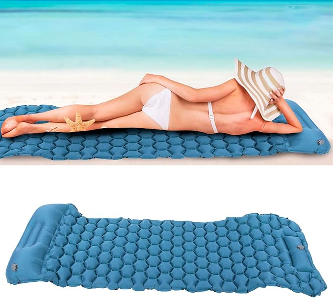 Camping Sleeping Pad Mat Foot Press Inflatable Cushion Mattress, Durably 40D Nylon TPU Laminate, Lightweight 700g, Compact Folding Size for Tent Hiking Travel (Peacock Blue)