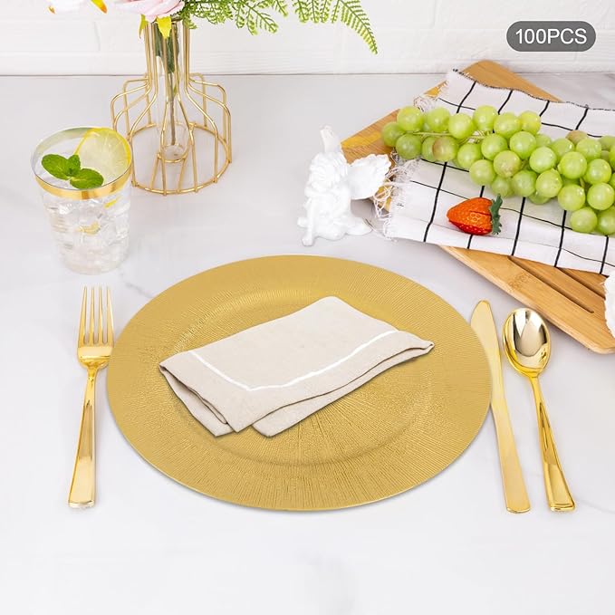 CNCEST 100 PCS Antique Charger Plates Bulk 13'' Plastic Embossed Dinner Plate Chargers Round Floral Plates for Wedding Decorative Chargers for Table Dinner Kitchen Party Decoration (Gold2,100PCS)