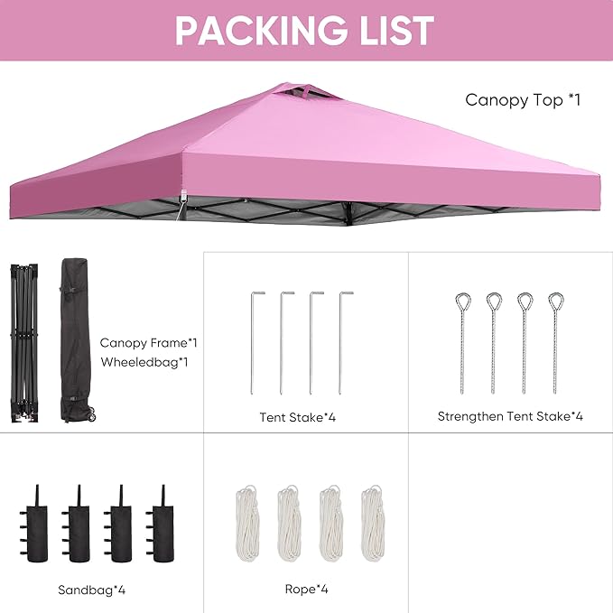 GDY 12x12 Pop Up Canopy Patio Carpas, One Push Set up with Central Lock Canopy with Wheeled Carry Bag, Included 4 Sandbaogs,8 Stakes and 4 Ropes, Pink