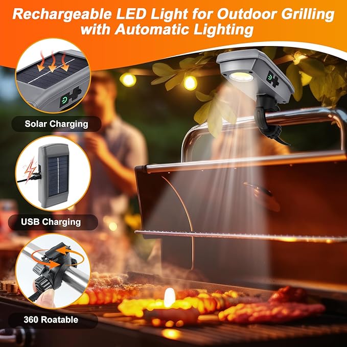Grill Lights for Outdoor Grill with USB-C & Solor Rechargeable Battery,2-Level Brightness and 360° Rotatable Head, LED Grill Light for Griddle Accessories, LED Grilling Gifts or Camping Light