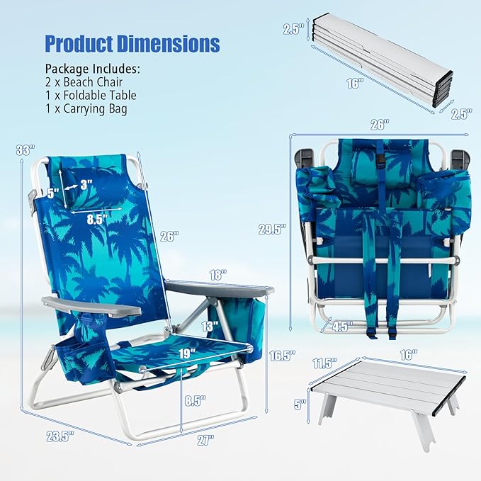 Tangkula Backpack Beach Chair with Table, 5-Position Lay Flat Beach Chairs with Cooler Bag, 2 Cup Holders, Towel Bar, Lightweight Low Folding Beach Chair with Backpack Straps