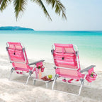 GYMAX Beach Chairs, Backpack Camping Chair with Armrest, Cooler Bag, Cup Holder, Towel Bar & Side Pockets, Sunbath Sling Tanning Lounge, Folding Layout Chair (with Table, Pink Stripe)