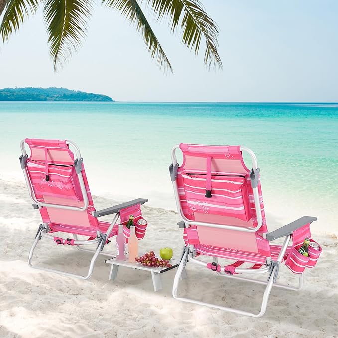 GYMAX Beach Chairs, Backpack Camping Chair with Armrest, Cooler Bag, Cup Holder, Towel Bar & Side Pockets, Sunbath Sling Tanning Lounge, Folding Layout Chair (with Table, Pink Stripe)