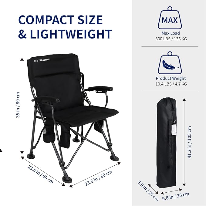 Heated Camping Chairs Adults Folding: Oversized Foldable Outdoor Chair for Outsides with Cup Holder – Heavy Duty Heating Portable Chair Sports Fishing Soccer Lawn Battery NOT Included (Black, X Large)