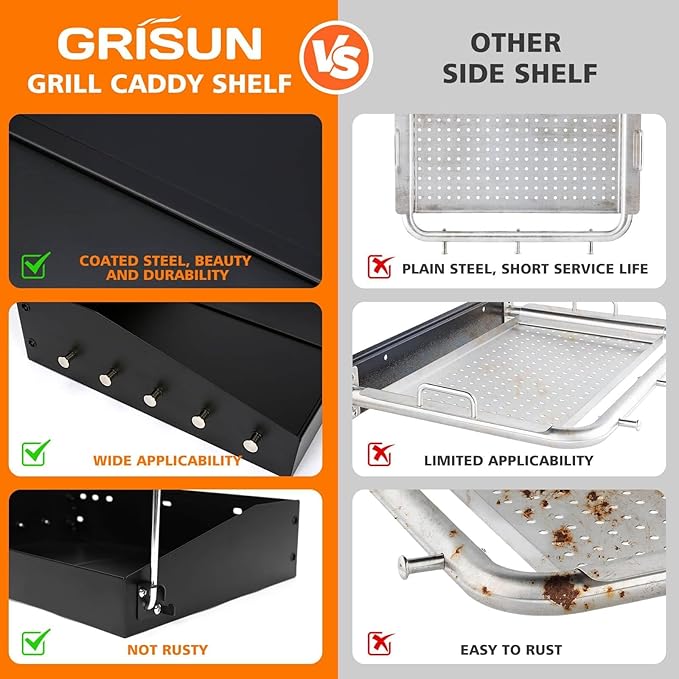 GRISUN Adjustable Folding Grill Side Shelf for Pit Boss 540 & 700FB, Side Prep Table with 5 Tool Hooks for Camp Chef, Char-Griller & Dyna-Glo Grills