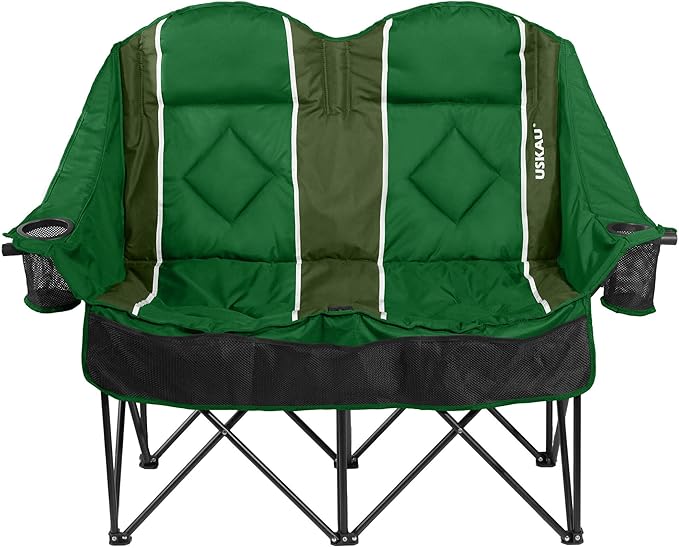 Oversized USLCamping Chair - 2 Person Portable Folding Outdoor Loveseat Heavy Duty Lawn Chairs for Adults with Padded Cushion & Dual Cup Holders, Supports 660LBS for Camping，Sports，Picnic