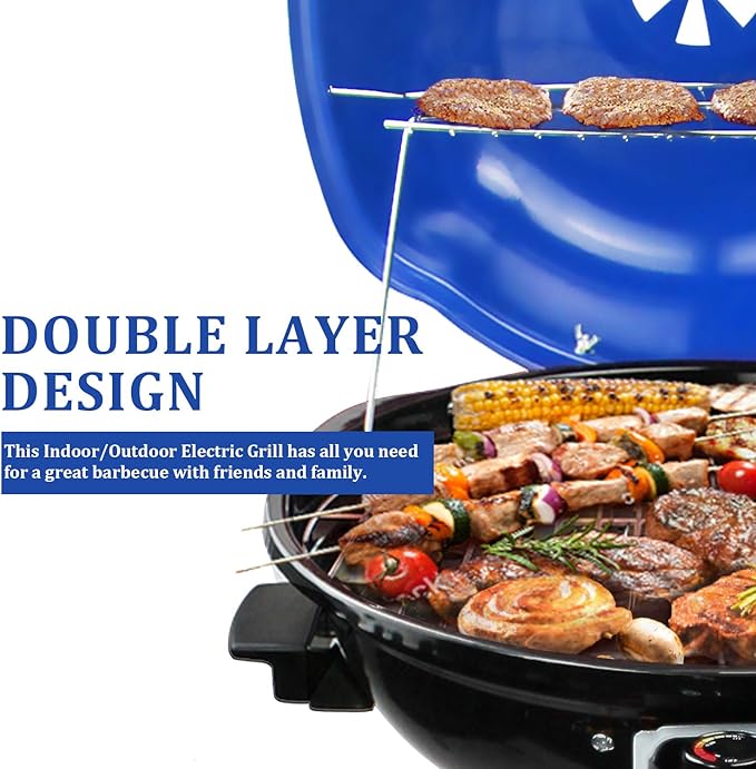 Electric BBQ Grill Techwood 15-Serving Indoor/Outdoor Electric Grill for Indoor & Outdoor Use, Double Layer Design, Portable Removable Stand Grill, 1600W