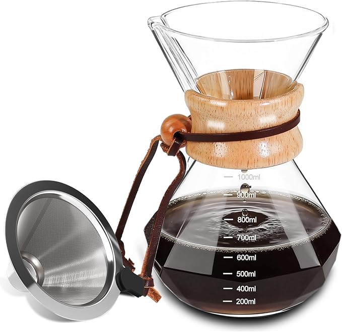 Coffee Pour Over 33.8oz 1000ml High Borosilicate Glass Pour Over Coffee Maker Set Camping with Reusable 304 Stainless Steel Filter Hand Brew Carafe Drip Suitable for Electric Ceramic Stove