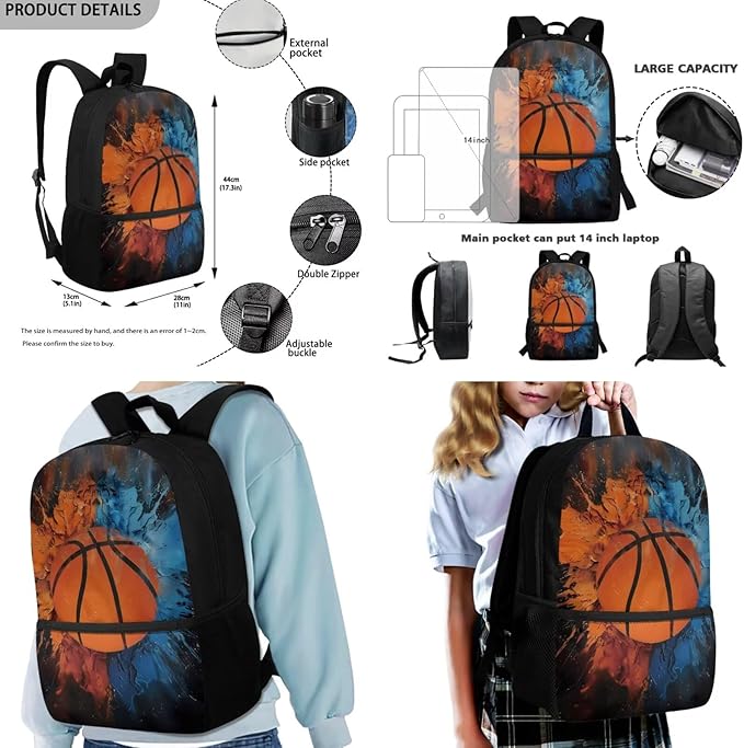Rnyleeg Basketball Backpack for Kids Age 6-8 Novelty Boys Backpack Set with Lunchbox Lightweight Bookbag Set 3 Piece for Elementary School Casual Packsack