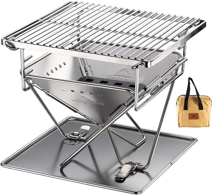 CAMPINGMOON X-MINI PRO Portable Charcoal Grill 9.65 Inch Stainless Steel Tabletop Grill Fire Pit 3 Level Adjustable Height Grill for Camping Outdoor Cooking Barbecue Carry Bag