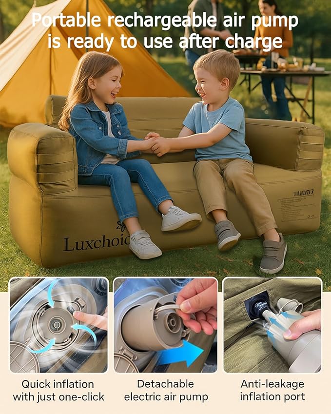 Portable Inflatable Couch for Camping with Built-in Pump Durable Inflatable Furniture Comfortable Blow Up Couch Stylish Outdoor Air Sofa Perfect for Backyard Beach Music Festival Party | Auto Cordless Pump, Durable Fabric, Puncture Resistant, Stain-Res...