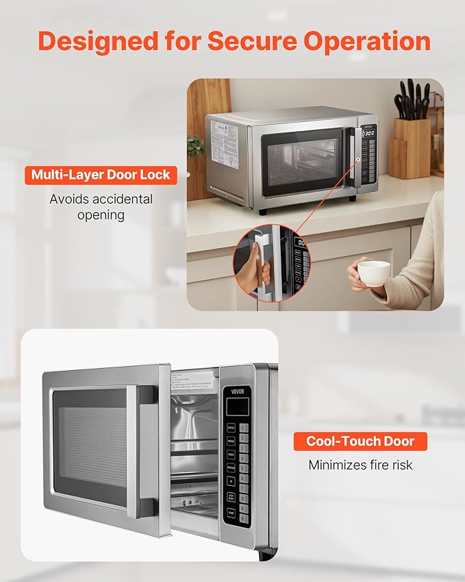 VEVOR Commercial Microwave Oven, 0.9 Cu Ft, 1000W Digital Stainless Steel Countertop Microwave Oven with Touchscreen, 10 Cooking Presets, 5 Power Levels, Multi-Lock Door & Easy Clean for Restaurants