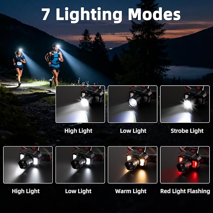 Rechargeable Headlamp High Lumen, 2Pack Super Bright Head lamp with Side Light & Motion Sensor, 7Mode Head Lights for Forehead, Adjustable Focus LED Headlamps for Adults Camping Running Hiking