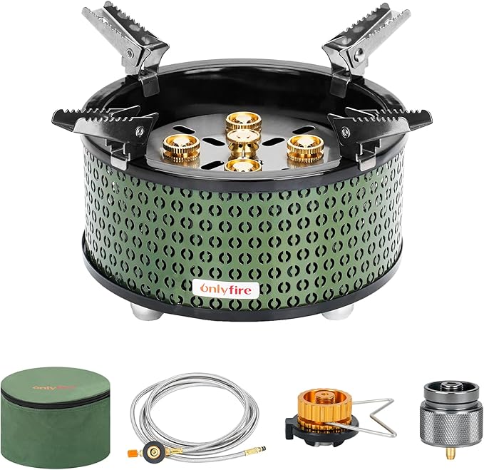 ONLYFIRE OUTDOOR LIVING Portable Camping Gas Stove with Storage Bag & Gas Adapters, 5 Burners Propane Stove for Outdoor Patio Cooking Picnic Camping Hiking Tailgating Emergency Use, Green GS344