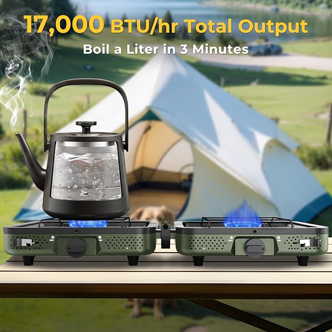 Camping Stove, 2 Burner Propane Stove With Grill,17,000 BTU Camp Stove, Foldable Camping Stove Propane Includes Carry Bag,Windscreen & Grill,Adjustable Burners & Piezo Ignition for Tailgating,BBQ,Camp