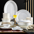 56 Pieces Dinner Set, White Porcelain Bone China Combi-Set Tableware Set with Cereal Bowl Bowls Dessert Plates Soup Plates Dinner Plates with Gold Rim Service for 10 People