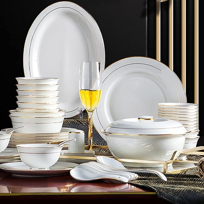 56 Pieces Dinner Set, White Porcelain Bone China Combi-Set Tableware Set with Cereal Bowl Bowls Dessert Plates Soup Plates Dinner Plates with Gold Rim Service for 10 People